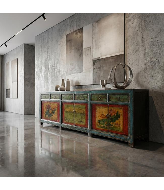 Credenza Cinese Antica Dipinta a Mano L250xP47xA85cm