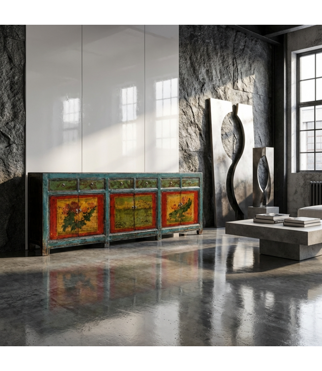 Credenza Cinese Antica Dipinta a Mano L250xP47xA85cm