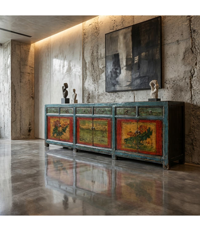 Credenza Cinese Antica Dipinta a Mano L250xP47xA85cm