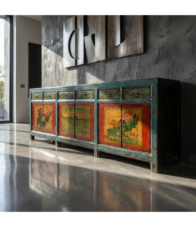 Credenza Cinese Antica Dipinta a Mano L250xP47xA85cm