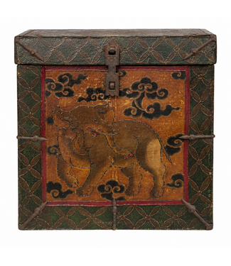 Fine Asianliving Antique Tibetan Wooden Box Handcarved Elephant W30xD30xH30cm