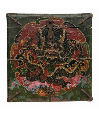 Fine Asianliving Antique Tibetan Wooden Box Handcarved Dragon W30xD30xH30cm