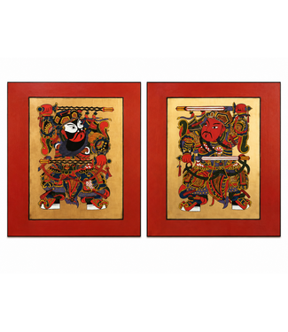Fine Asianliving Chinese Schilderijen Krijgers Handgeschilderd op Echt Hout Set/2 B80xD2xH80cm