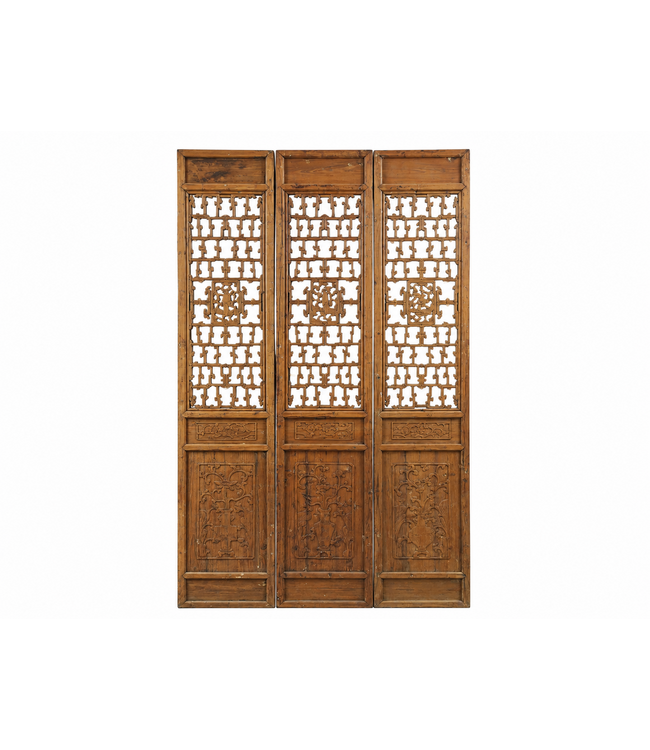 Antiek Chinees Kamerscherm Houten Panelen Handgesneden Set/3 B168xD6xH315cm