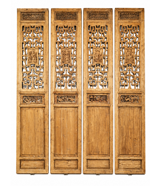 Antique Chinese Room Dividers Wooden Panel Screens Handcarved Set/4 Each W52xD6xH260cm