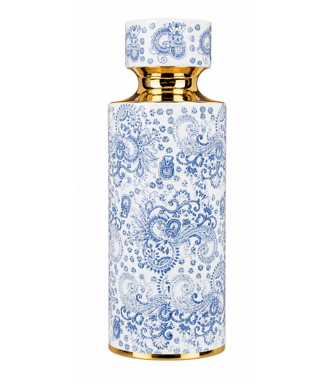 Chinese Vase Porcelain Blue White with Gold Accent Handmade D15xH33cm