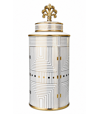 Fine Asianliving Vaso Ginger Jar Cinese in Porcellana Bianco Oro Geometrico Fatto a Mano D16xA32cm