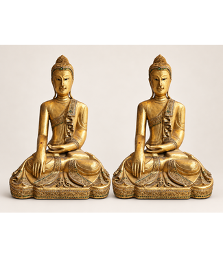 Fine Asianliving Golden Buddha Tree Trunk Handcarved Set/2
