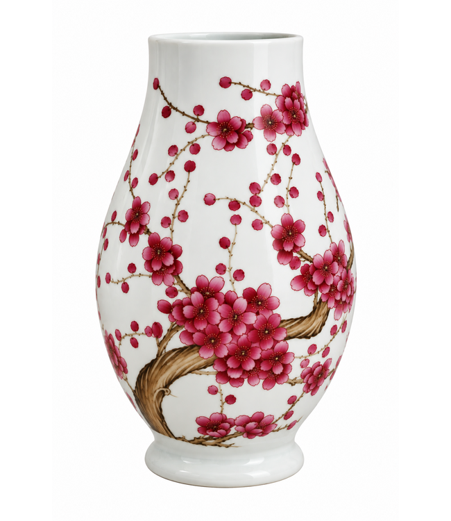 Chinese Vase Handpainted Red Blossoms D22xH31cm
