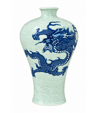 Fine Asianliving Chinese Vase Porcelain Handpained Dragon Blue White 3D D25xH35cm