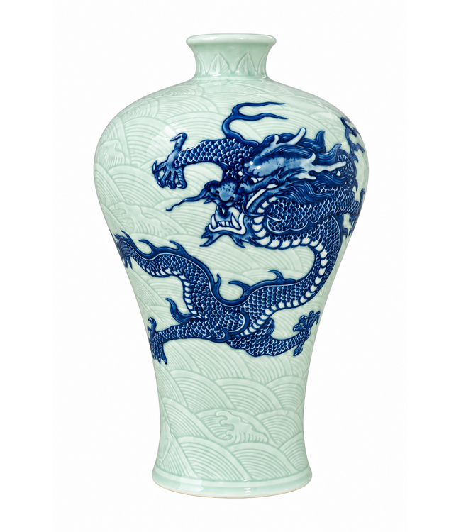 Chinese Vase Porcelain Handpained Dragon Blue White 3D D25xH35cm