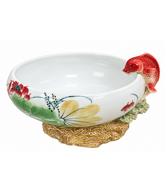 Fine Asianliving Chinese Fountain Bowl Porcelain Koi on Sculpted Lotus Base Handpainted