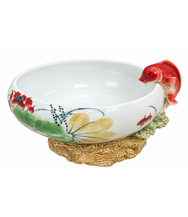 Chinese Fountain Bowl Porcelain Koi on Sculpted Lotus Base Handpainted