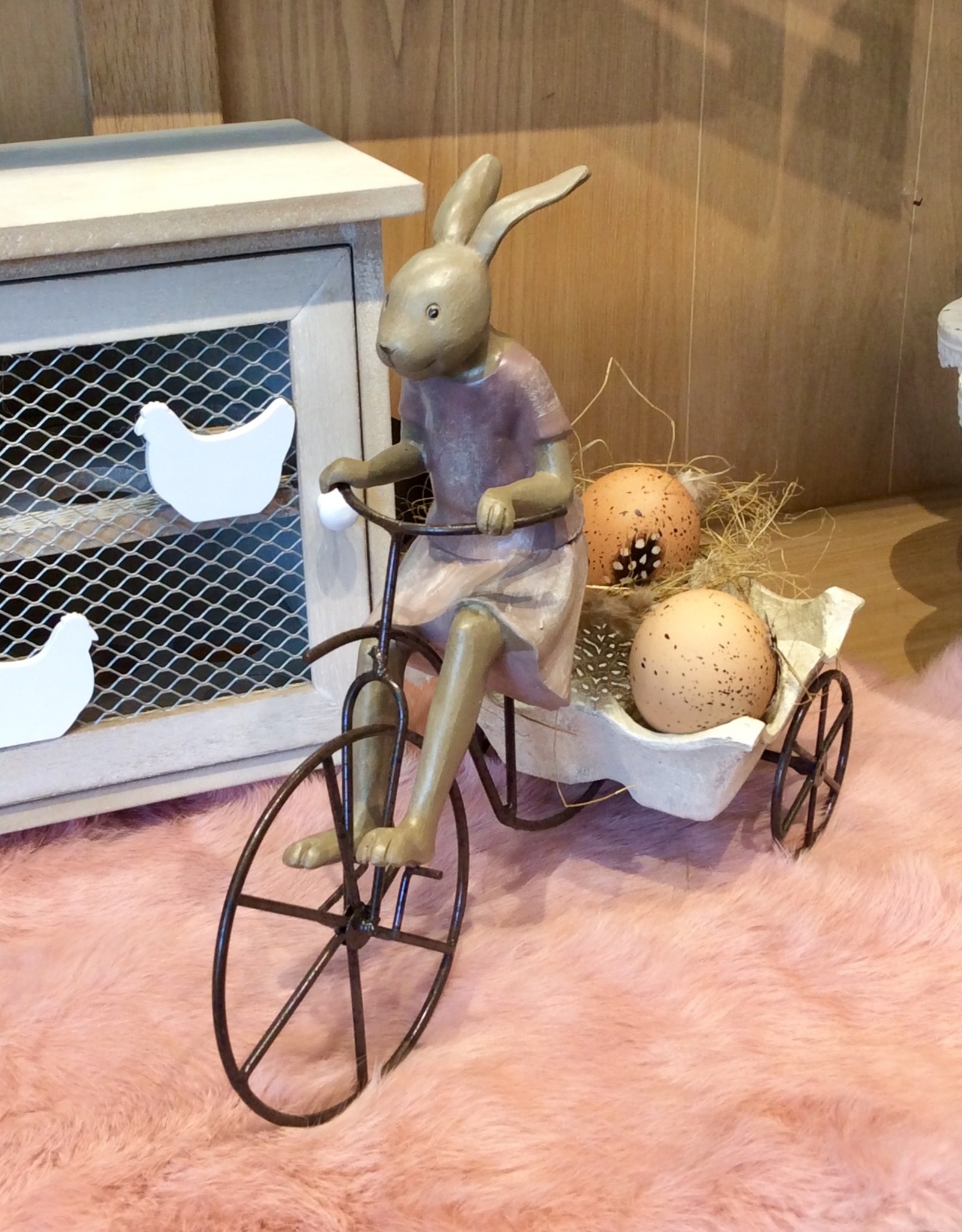 Ongeautoriseerd Overstijgen serie Decoratie konijn op fiets met kar voor eieren - De 4 Jaargetijden vof