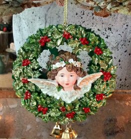 Ornament Engel in kerstkransje met belletjes