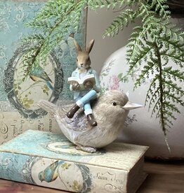 Decoratie konijntje  lezend met vogel