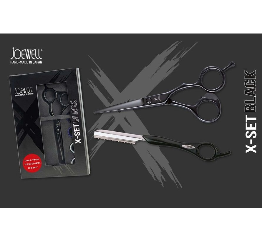 X-Set Black 5.75 Kappersschaar + Gratis Feather Razor black