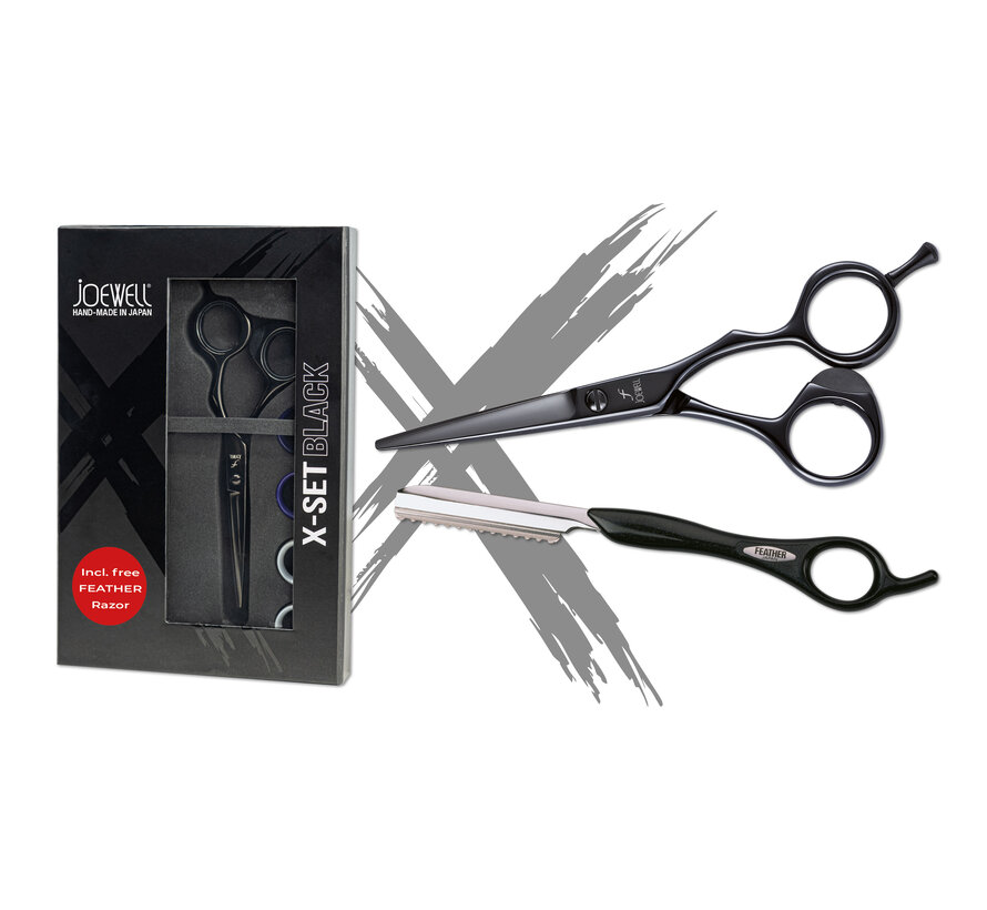 X-Set Black 5.75 Kappersschaar + Gratis Feather Razor black