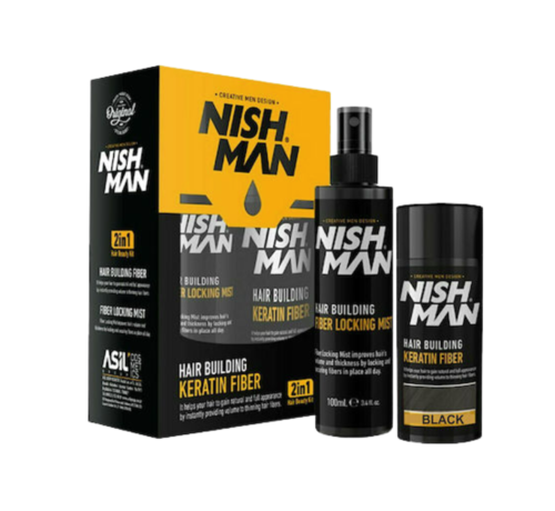 Nish Man Hair Building Keratin Fiber Black Kit + Sealing Spray