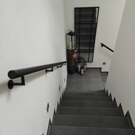 Handlauf schwarz - rund - mit Handlaufhaltern Typ 3 Luxus - nach Maß - Treppengeländer Metall / Stahl beschichtet - RAL 9005