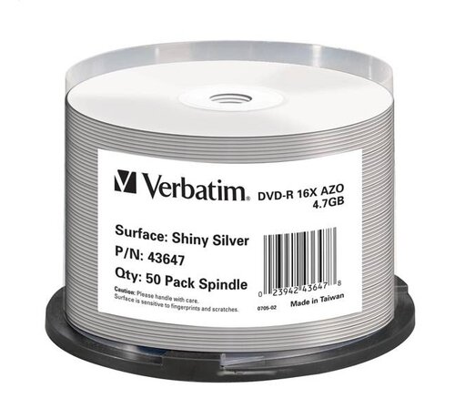 Verbatim VERBATIM DVD-R 4,7GB 16X THERMAL PRINT. SHINY SILVER CAKE*50 43647
