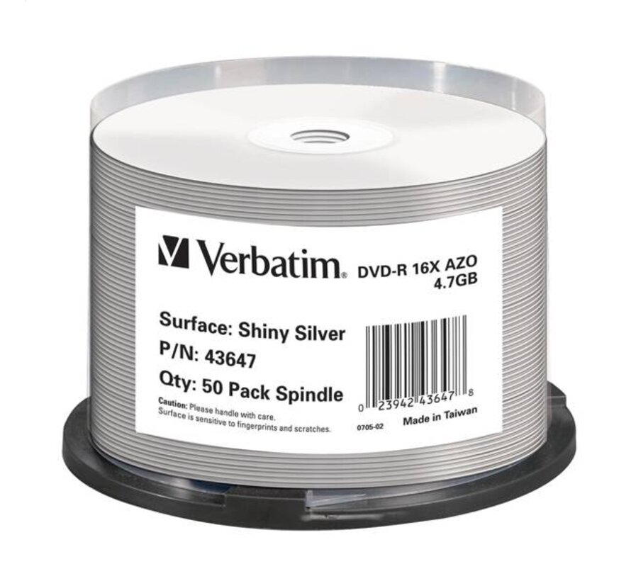 VERBATIM DVD-R 4,7GB 16X THERMAL PRINT. SHINY SILVER CAKE*50 43647