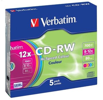 Verbatim VERBATIM CD-RW 700MB 8-12X COLOUR SLIM CASE*5  43167