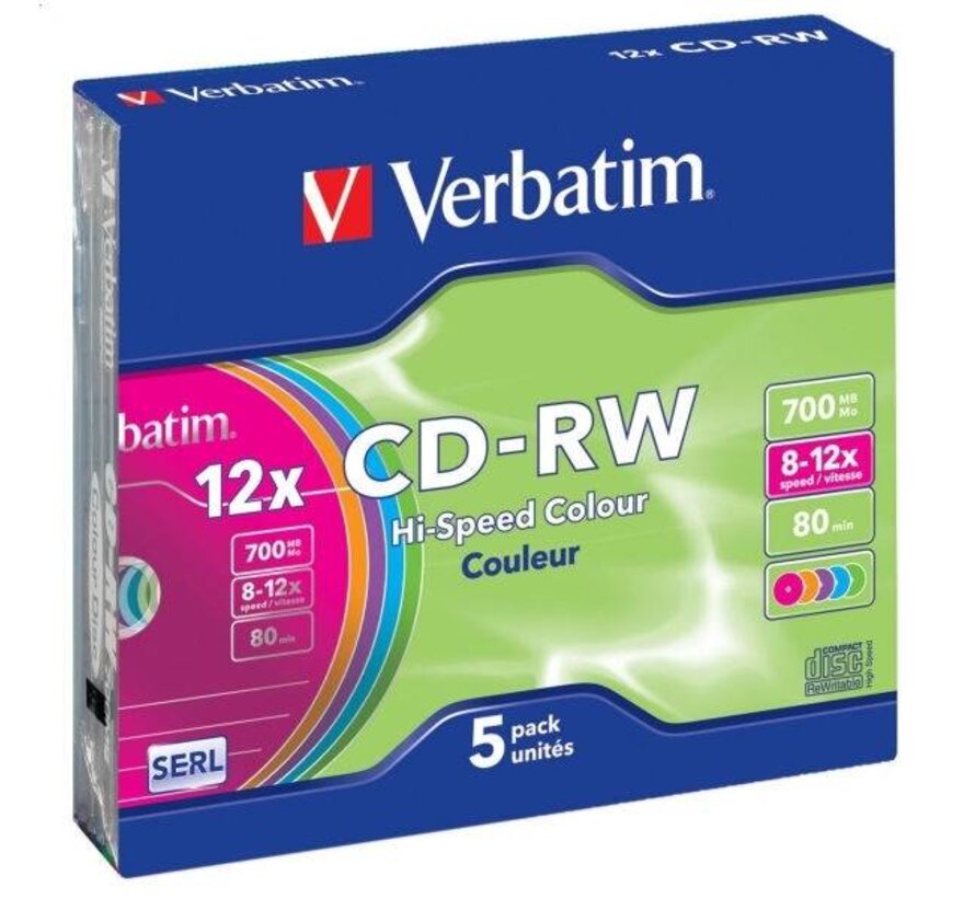 VERBATIM CD-RW 700MB 8-12X COLOUR SLIM CASE*5 43167