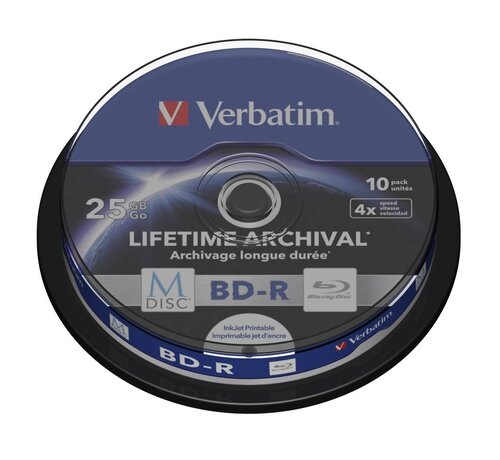 Verbatim VERBATIM BD-R BLU-RAY 25GB 4X PRINTABLE M-DISC ARCHIVAL CAKE*10  43825