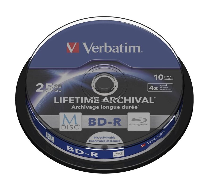 VERBATIM BD-R BLU-RAY 25GB 4X PRINTABLE M-DISC ARCHIVAL CAKE*10  43825