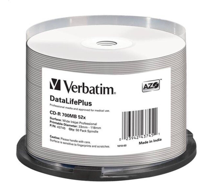 VERBATIM CD-R 700MB  52X AZO WIDE PRINTABLE NO ID CAKE*50 43745