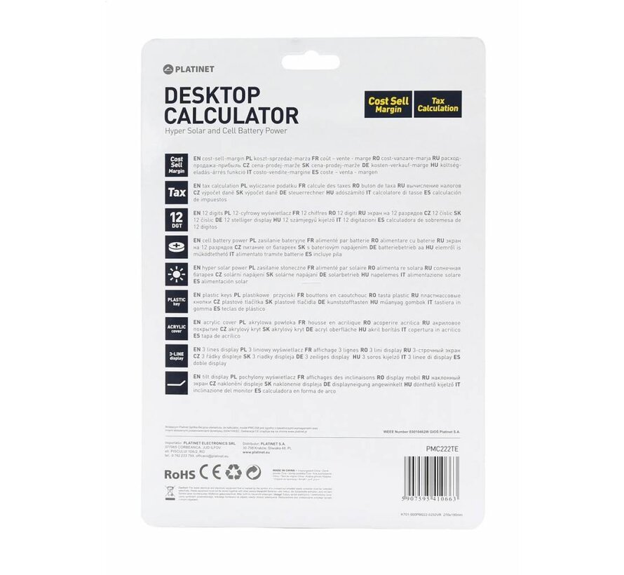 PLATINET CALCULATOR PM222TE          12D TAX MAR     COST SELL MARGIN   Desktop calculator   3 line display   Tax & Business   new
