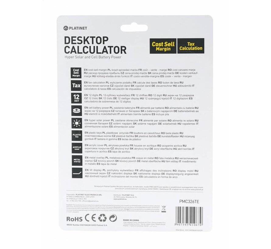 CALCULATRICE BUSINESS PLATINET PM326TE affichage 12 chiffres