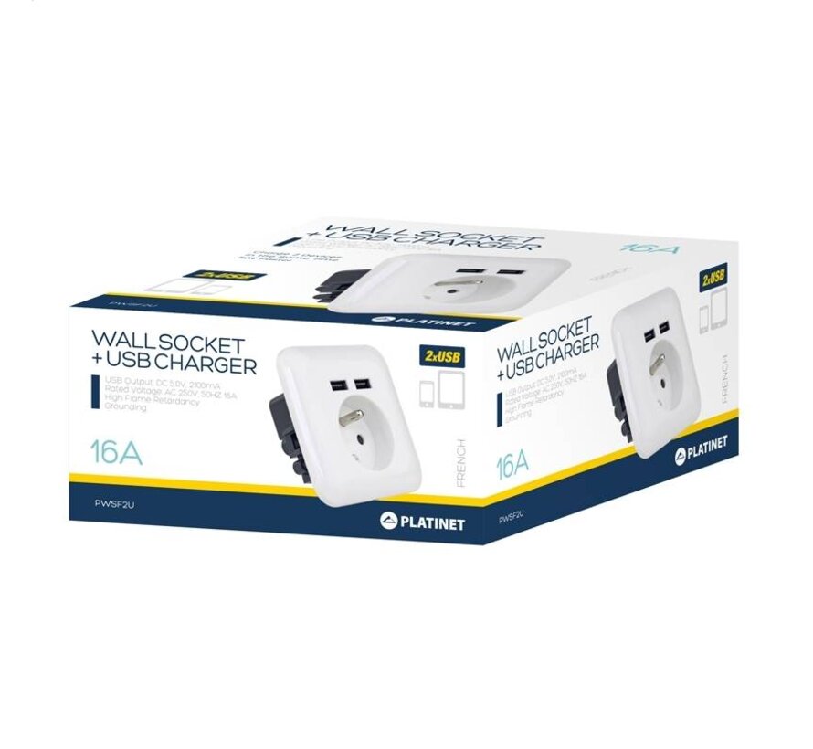 PLATINET WALL SOCKET FRENCH + 2 USB 2.1A