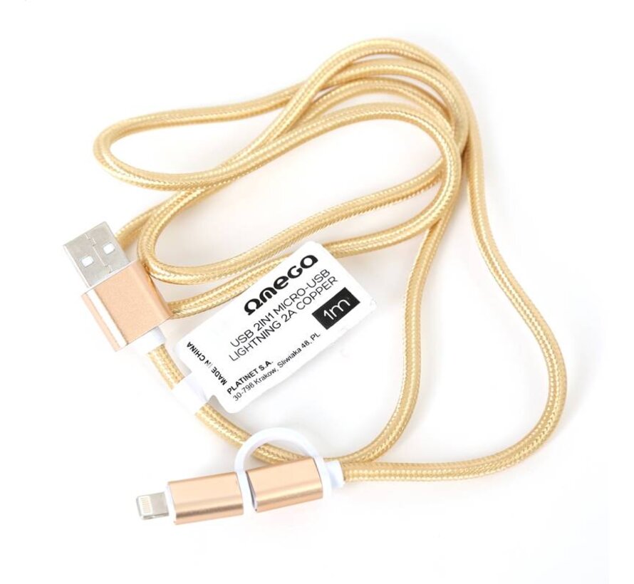 CABLE OMEGA USB 2en1 MICRO-USB LIGHTNING 2A COPPER BULK 1M DORE [44318]