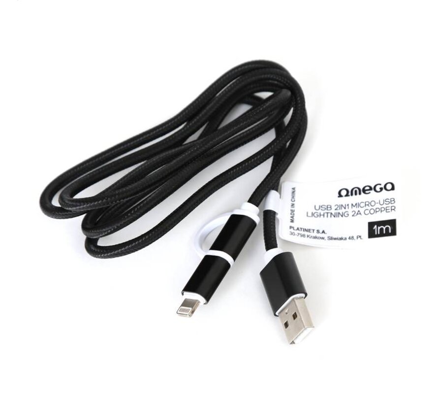 CABLE OMEGA USB 2en1 MICRO-USB LIGHTNING 2A COPPER BULK 1M Noir [44317]