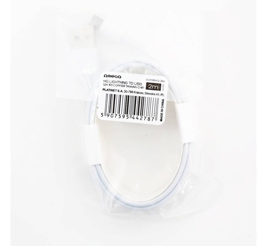 OMEGA CABLE HAUTE QUALITE LIGHTNING USB 1.2A 100 CUIVRE TAIWAN POLY 2M BLANC 44278