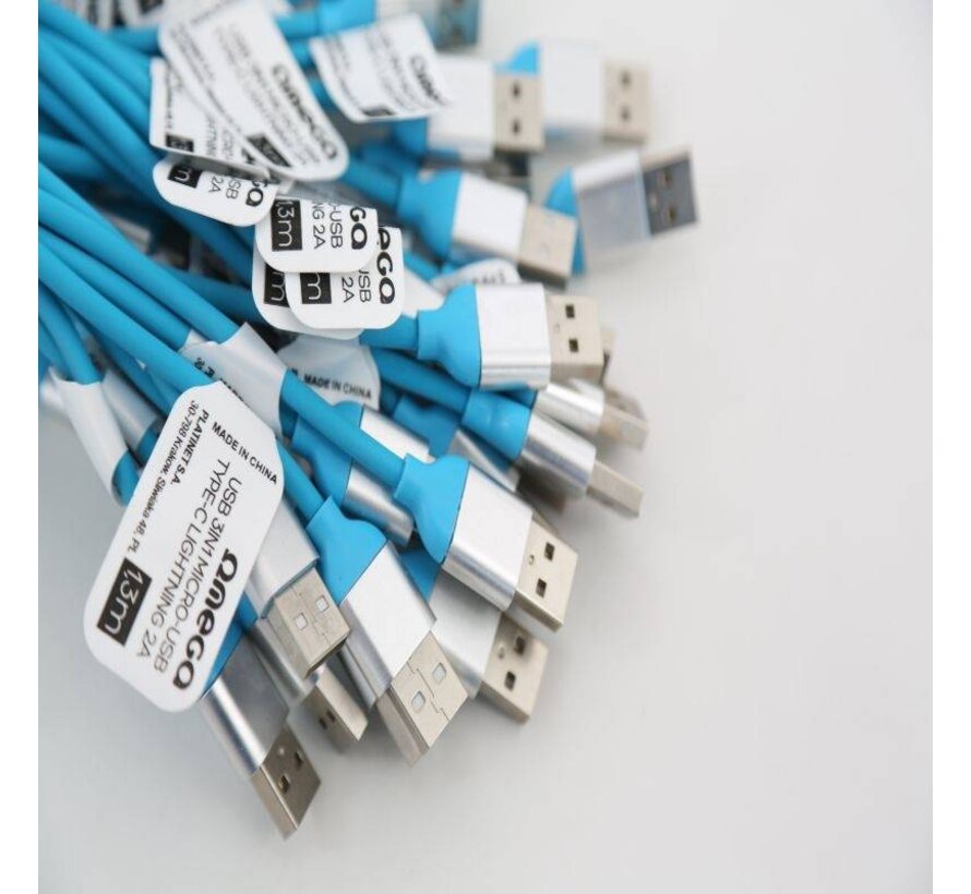 OMEGA USB CABLE 3IN1 MICRO-USB TYPE-C LIGHTNING 2A POLY 1,3M BLUE [44275]
