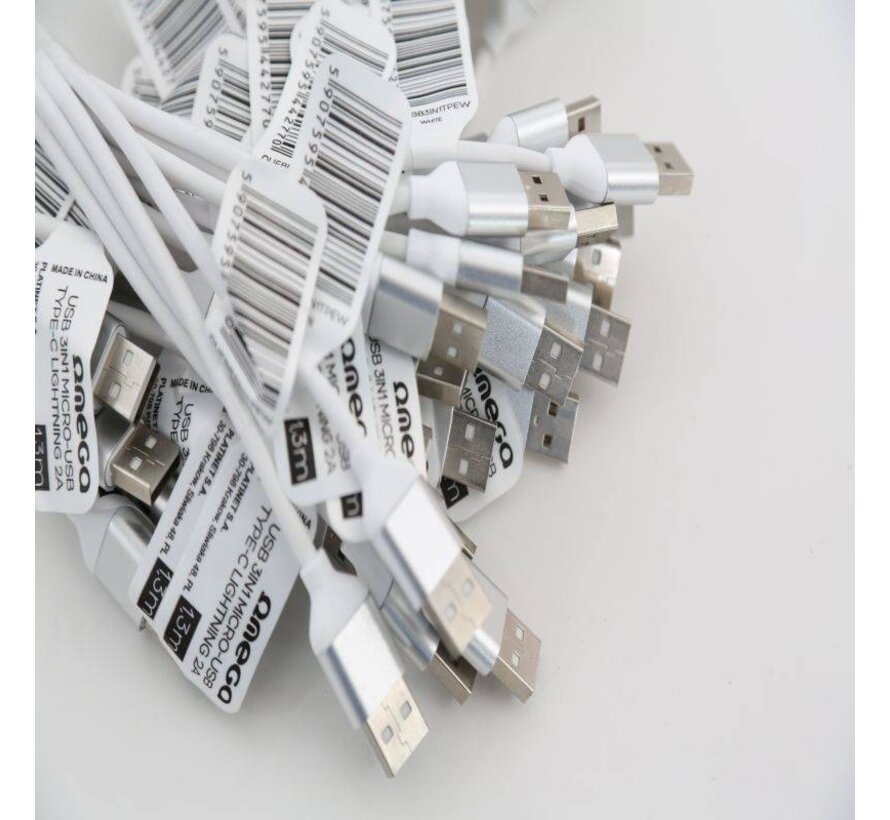 OMEGA USB CABLE 3IN1 MICRO-USB TYPE-C LIGHTNING 2A POLY 1,3M WHITE [44277]