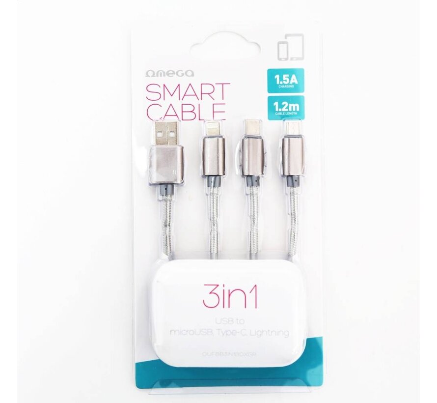 OMEGA USB CABLE 3IN1 MICRO-USB TYPE-C LIGHTNING 1,5A 1,2M GREY [44272
