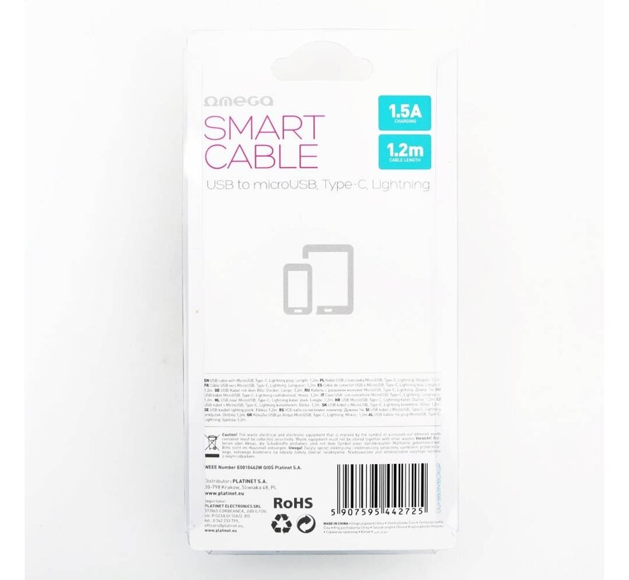 OMEGA USB CABLE 3IN1 MICRO-USB TYPE-C LIGHTNING 1,5A 1,2M GREY [44272