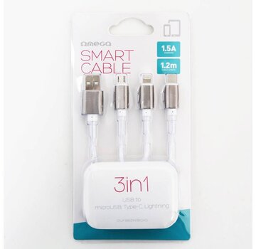 Omega OMEGA CABLE USB 3 EN 1 MICRO USB TYPE C LIGHTNING 1.5A 1.2M ARGENT 44274