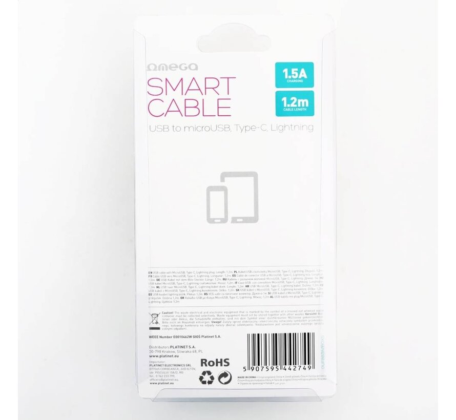 OMEGA USB CABLE 3IN1 MICRO-USB TYPE-C LIGHTNING 1,5A 1,2M SILVER [44274]