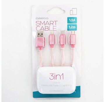 Omega OMEGA USB CABLE 3IN1 MICRO-USB TYPE-C LIGHTNING 1,5A 1,2M ROSE GOLD [44273]