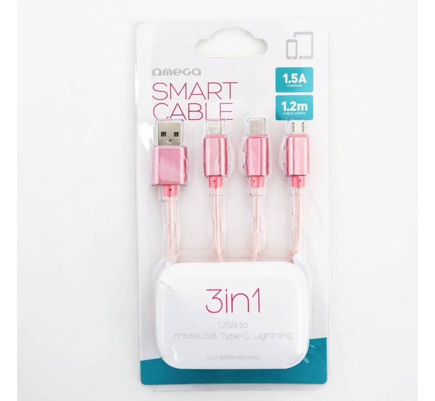 OMEGA CABLE USB 3 EN 1 MICRO USB TYPE C LIGHTNING 1.5A 1.2M ROSE GOLD 44273