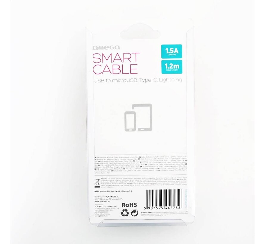 OMEGA CABLE USB 3 EN 1 MICRO USB TYPE C LIGHTNING 1.5A 1.2M ROSE GOLD 44273