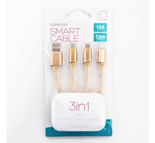 Omega OMEGA CABLE USB 3 EN 1 MICRO USB TYPE C LIGHTNING 1.5A 1.2M OR 44271