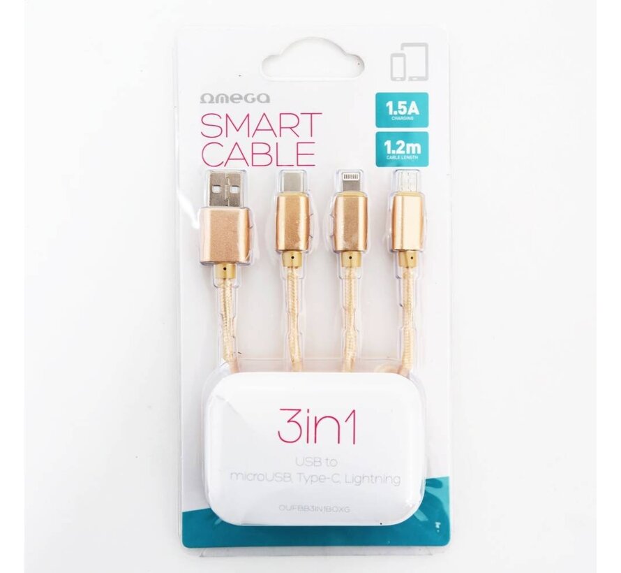 OMEGA CABLE USB 3 EN 1 MICRO USB TYPE C LIGHTNING 1.5A 1.2M OR 44271