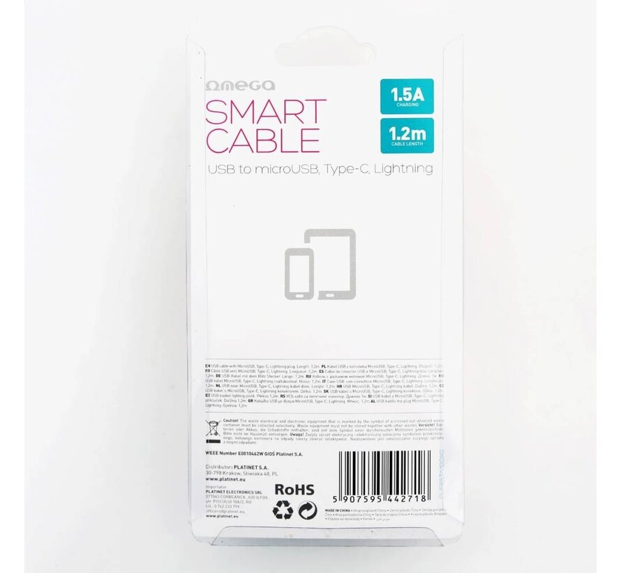 OMEGA CABLE USB 3 EN 1 MICRO USB TYPE C LIGHTNING 1.5A 1.2M OR 44271