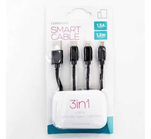 Omega OMEGA CABLE USB 3 EN 1 MICRO USB TYPE C LIGHTNING 1.5A 1.2M NOIR 44270